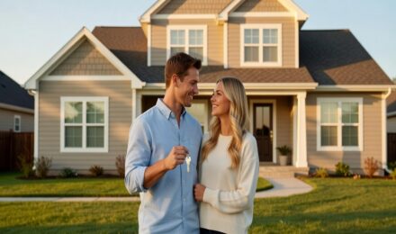Young couple holding keys in front of their new home ready to secure the best insurance coverage