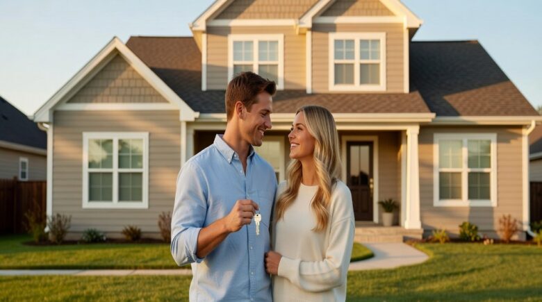 Young couple holding keys in front of their new home ready to secure the best insurance coverage