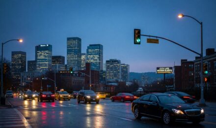 Cars navigating urban traffic at dusk representing the everyday risks that auto insurance protects against