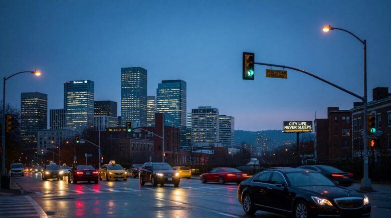 Cars navigating urban traffic at dusk representing the everyday risks that auto insurance protects against