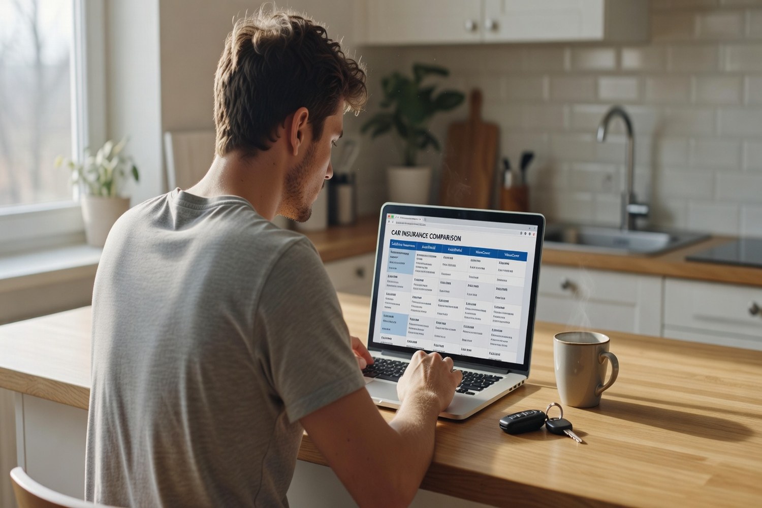 First-time car owner comparing auto insurance quotes on a laptop at his kitchen counter