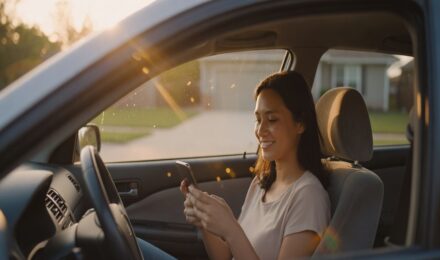 Young driver sitting in her car researching her first auto insurance policy on her phone