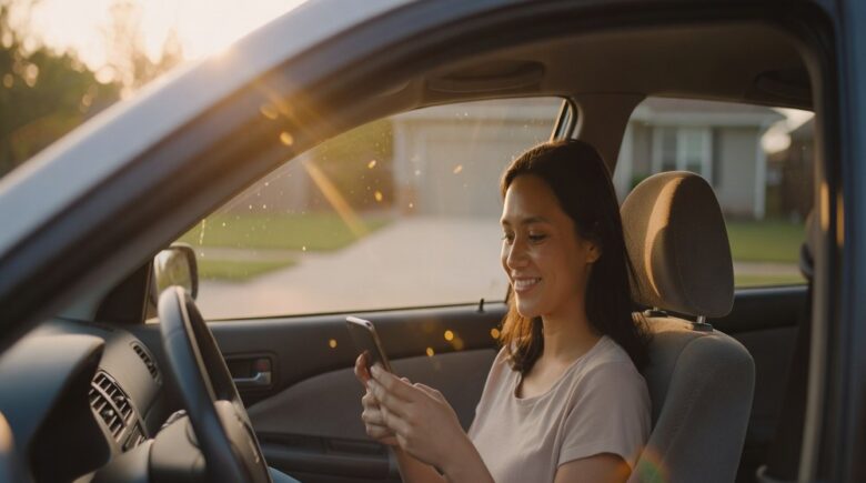 Young driver sitting in her car researching her first auto insurance policy on her phone