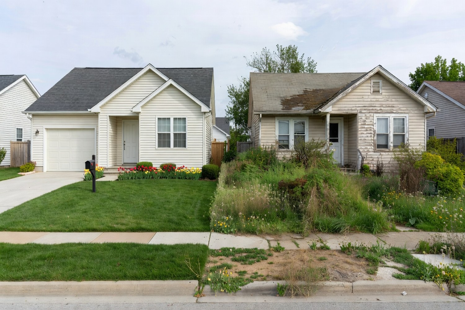 Two neighboring homes showing how property condition directly affects insurance premiums