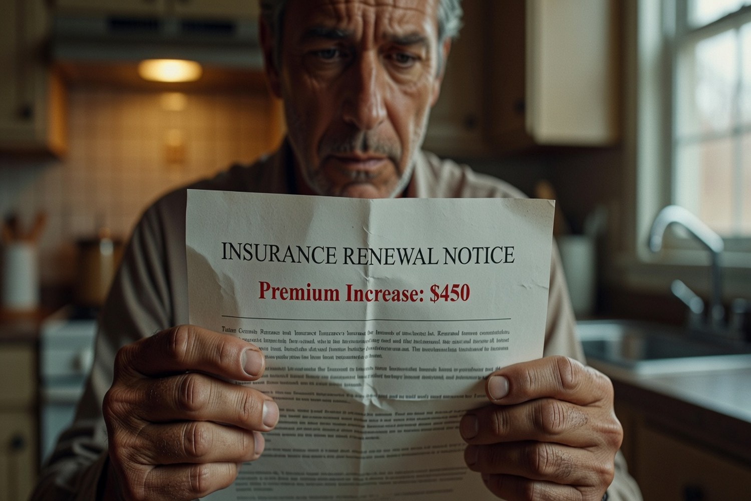 Homeowner reading an insurance renewal letter with a premium increase in their kitchen