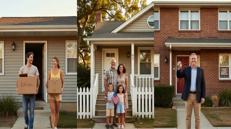 Three living situations representing homeowner, renter, and landlord insurance coverage needs