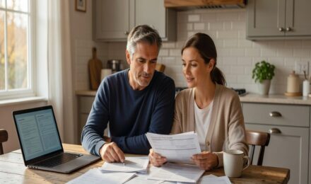 Couple reviewing homeowners insurance documents at their kitchen table to find savings