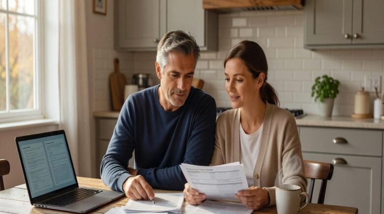 Couple reviewing homeowners insurance documents at their kitchen table to find savings