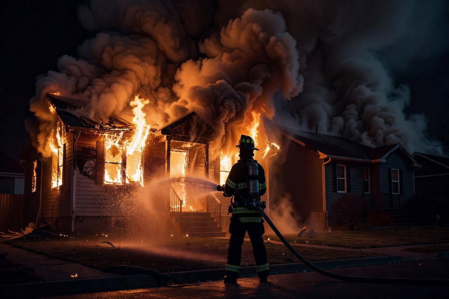 Firefighter responding to a residential house fire illustrating why home insurance coverage is essential