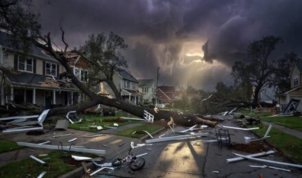Storm-damaged suburban neighborhood illustrating the climate risks driving insurance premium increases
