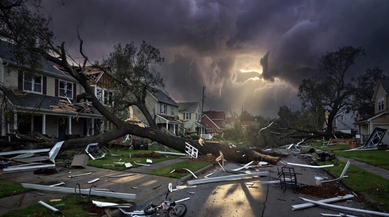 Storm-damaged suburban neighborhood illustrating the climate risks driving insurance premium increases