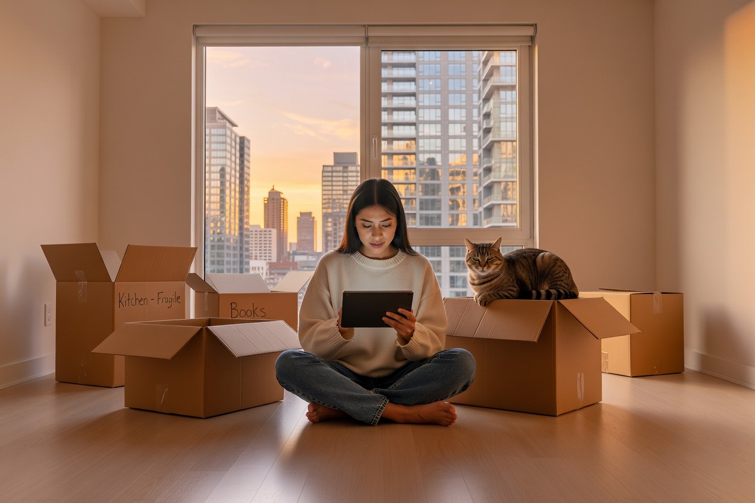 Young renter in her apartment researching renters insurance coverage options on a tablet