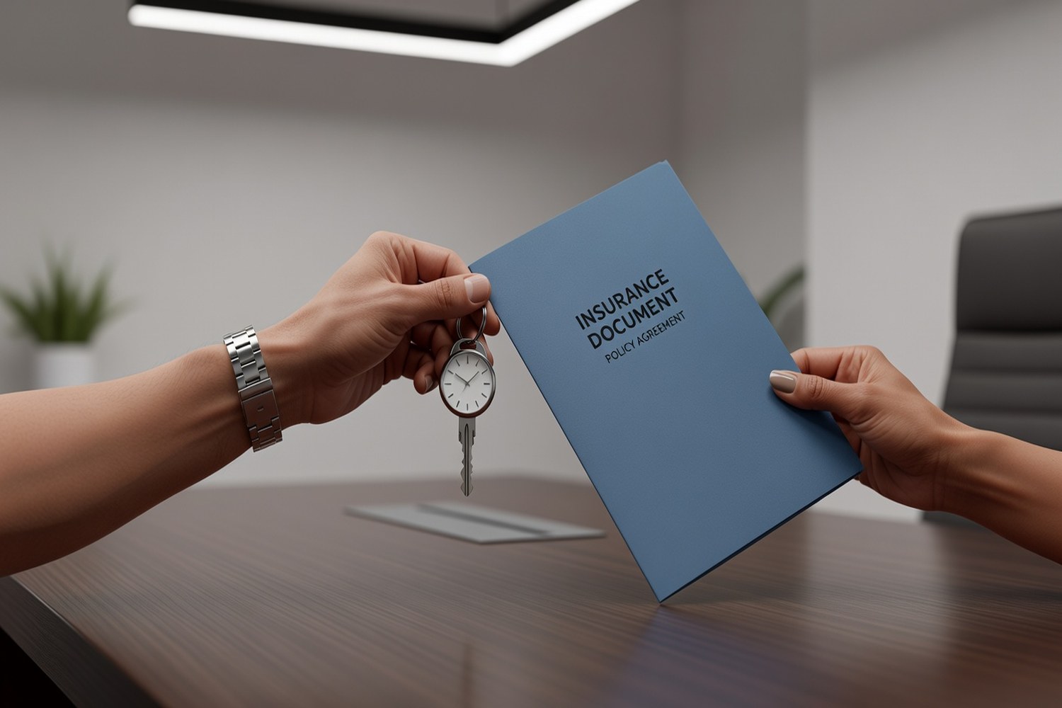 Exchanging car keys and insurance documents when finalizing a first auto insurance policy