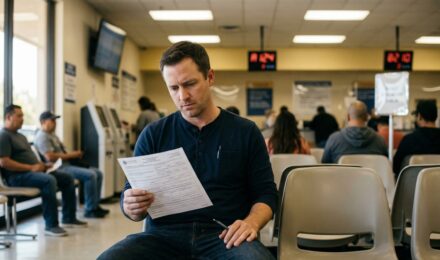 Driver reviewing SR-22 insurance requirements document with an insurance agent