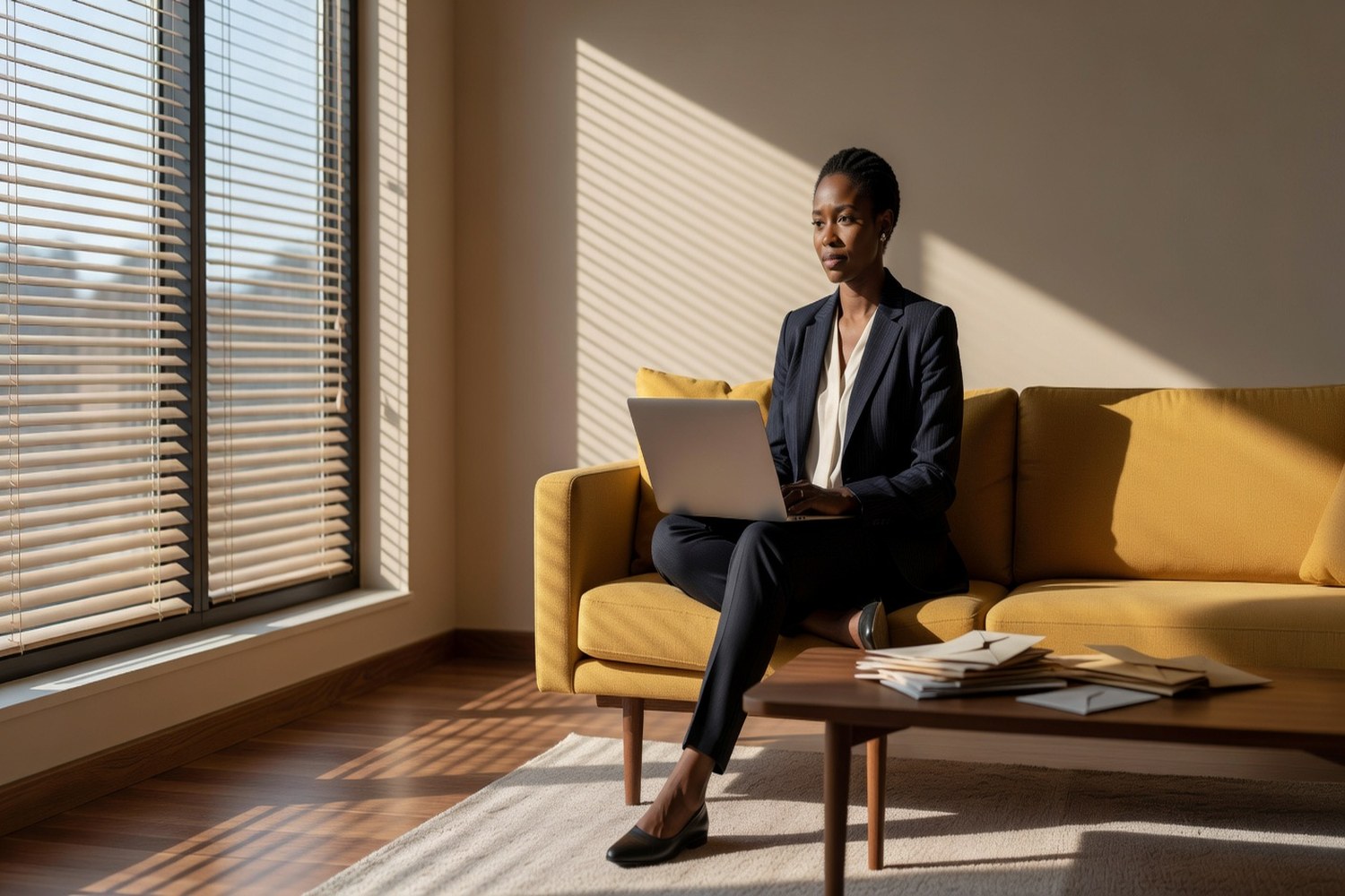 Young professional evaluating her insurance costs while reviewing bills at home