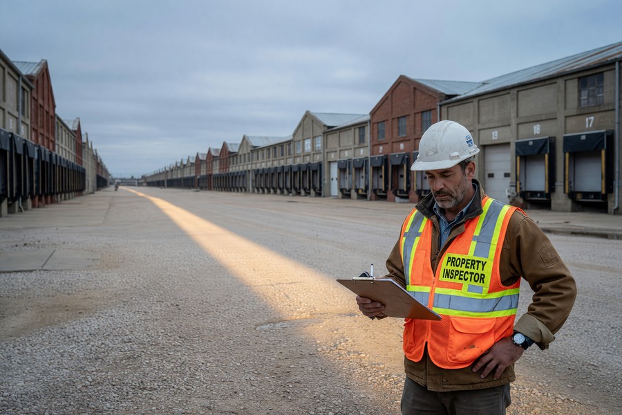 Commercial insurance broker reviewing blanket policy documents with a property investor at a desk