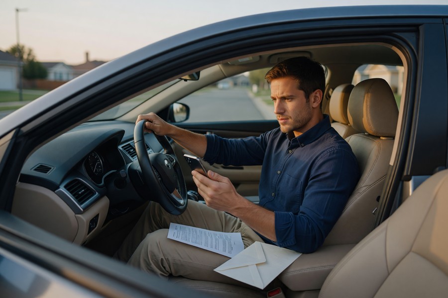 Young new driver reviewing a car insurance policy document at a desk with a laptop open