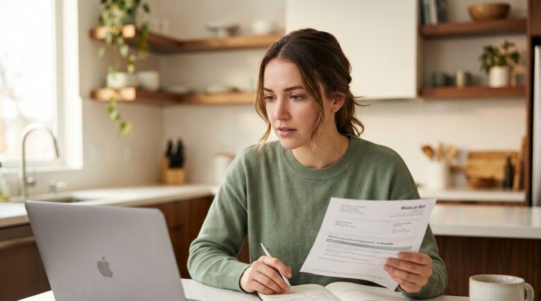 Young adult reviewing catastrophic health insurance plan documents and coverage details