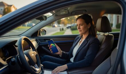 Driver reviewing credit score report next to car insurance documents