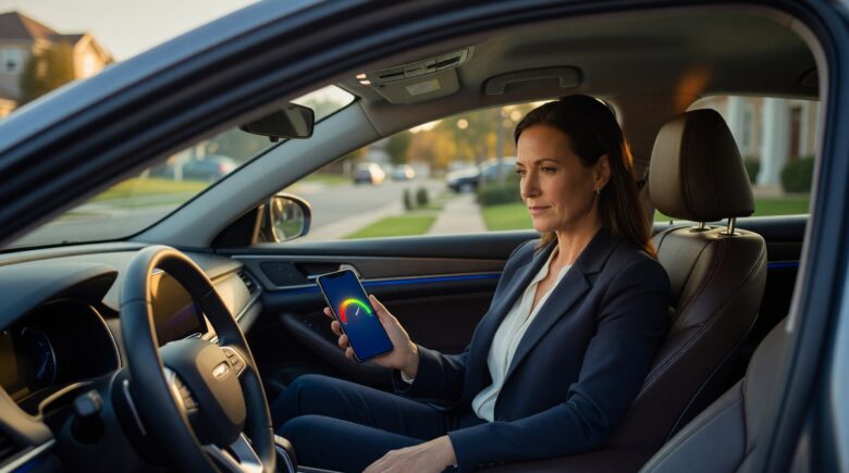 Driver reviewing credit score report next to car insurance documents