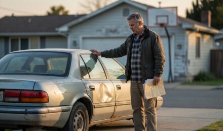 Driver reviewing auto insurance policy considering whether to drop collision coverage on an older car
