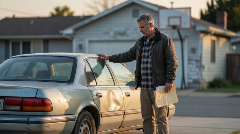 Driver reviewing auto insurance policy considering whether to drop collision coverage on an older car