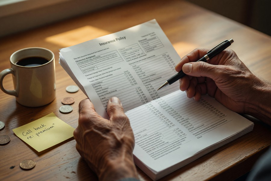 Person reviewing auto insurance policy declarations page on laptop at kitchen table