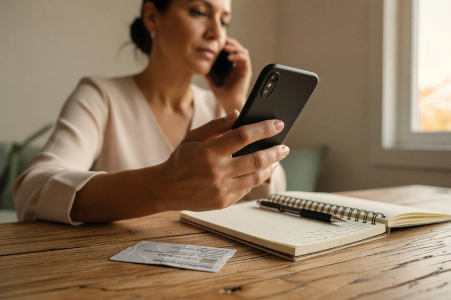 Close-up of a person reviewing an explanation of benefits statement line by line at a desk
