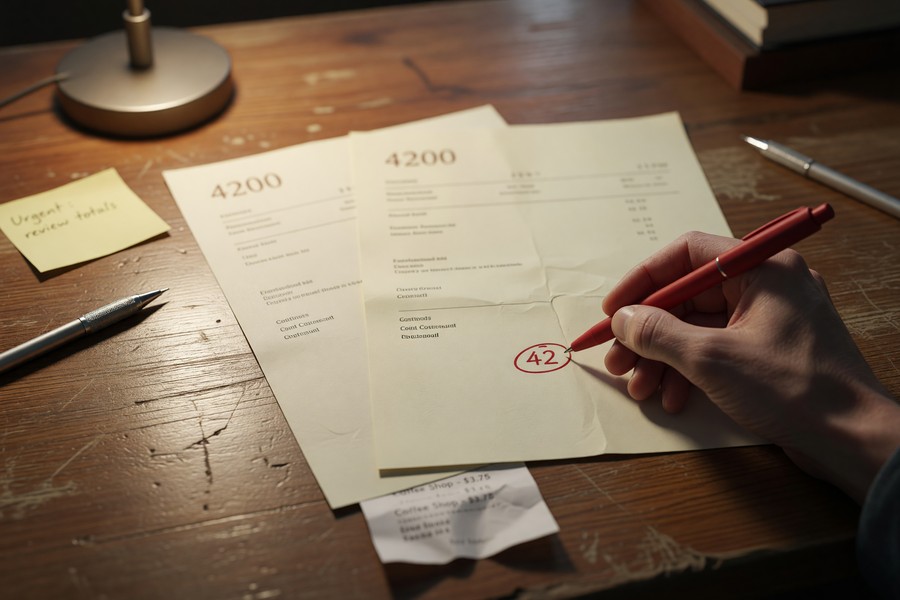 Stack of organized EOB statements in a home filing folder next to a tax form