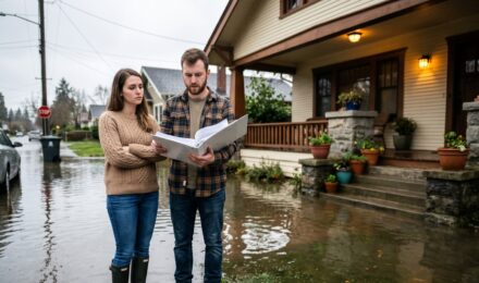 First-time home buyer reviewing flood insurance vs homeowners insurance policy documents side by side
