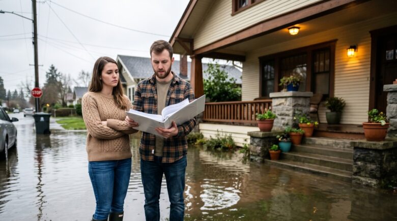 First-time home buyer reviewing flood insurance vs homeowners insurance policy documents side by side