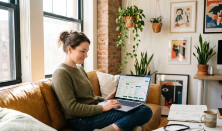 Freelancer reviewing health insurance options on laptop at home desk