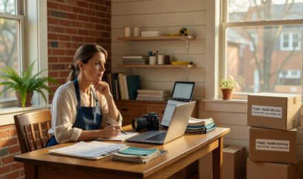 Home office setup with laptop and documents representing home based business insurance coverage