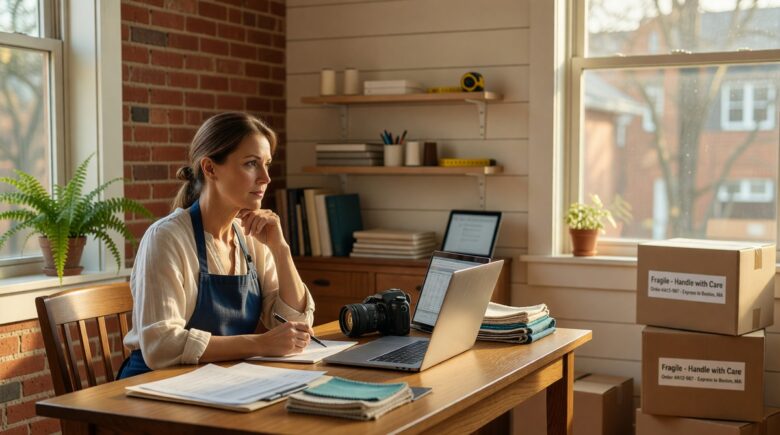 Home office setup with laptop and documents representing home based business insurance coverage