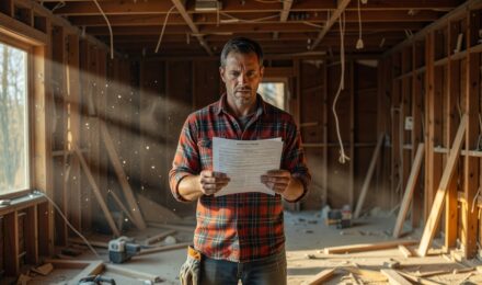 Homeowner reviewing insurance policy documents during a kitchen renovation project