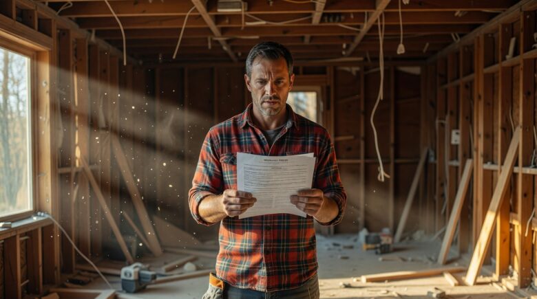 Homeowner reviewing insurance policy documents during a kitchen renovation project