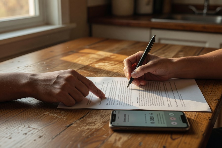 Homeowner on phone with insurance agent reviewing renovation plans and policy documents