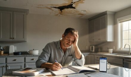 Homeowner reviewing property damage claim documents with insurance adjuster after storm damage