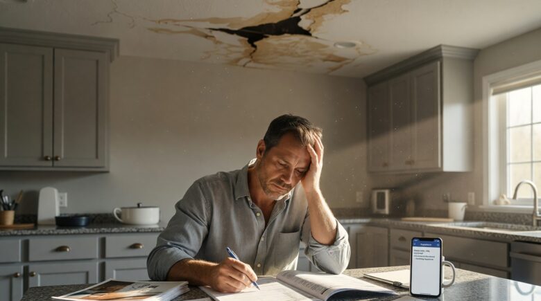 Homeowner reviewing property damage claim documents with insurance adjuster after storm damage