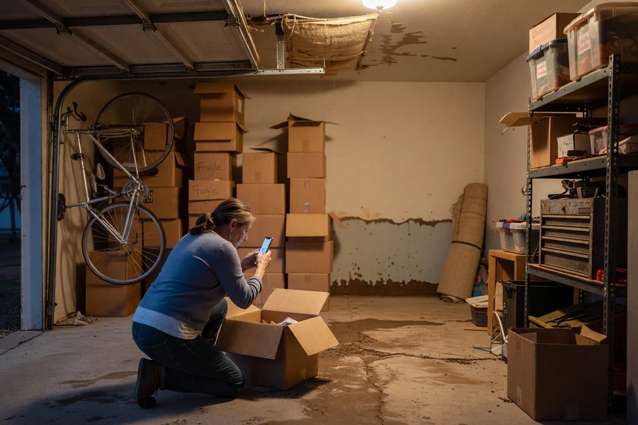 Homeowner photographing storm-damaged roof and broken windows for insurance claim