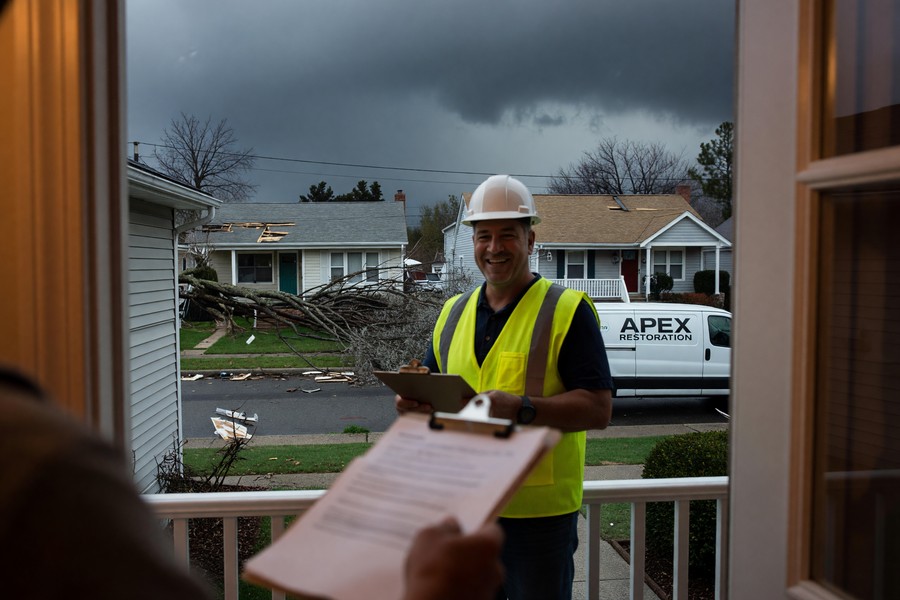 Insurance adjuster inspecting hail-damaged roof with clipboard and homeowner present