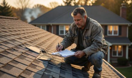 Homeowner inspecting roof damage after a storm with homeowners insurance policy in hand