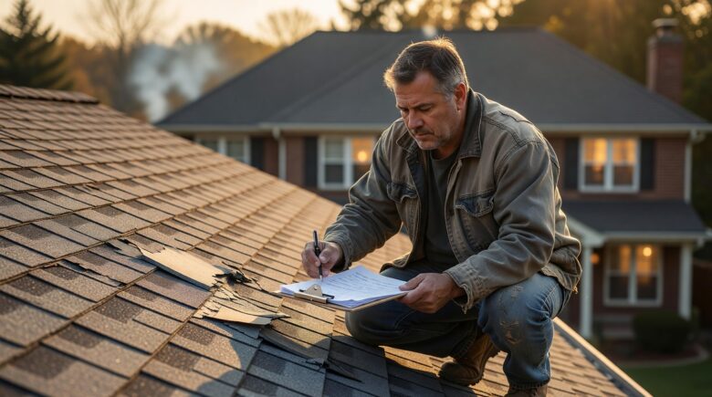 Homeowner inspecting roof damage after a storm with homeowners insurance policy in hand