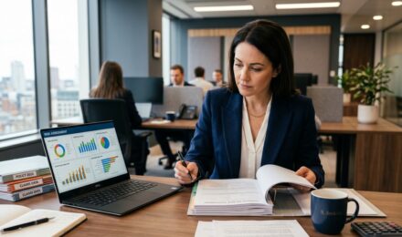 Insurance underwriter reviewing risk assessment documents and policy details at a desk