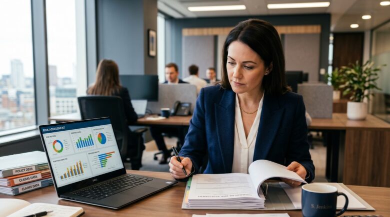 Insurance underwriter reviewing risk assessment documents and policy details at a desk