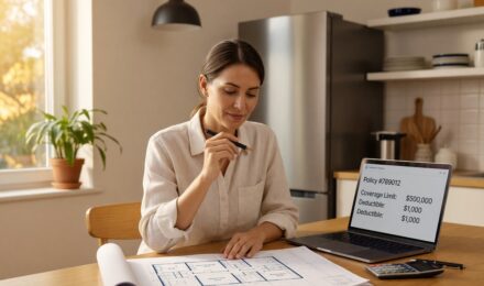 Homeowner reviewing how much home insurance coverage they need at a desk with documents and calculator