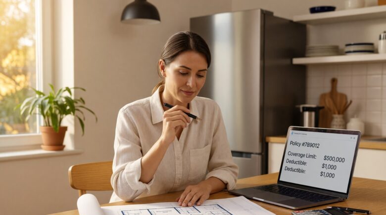 Homeowner reviewing how much home insurance coverage they need at a desk with documents and calculator