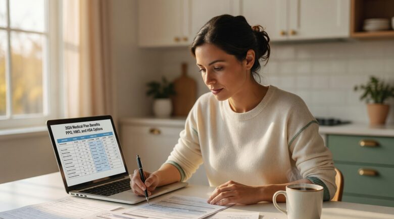 Person comparing open enrollment health insurance plans on a laptop during enrollment season