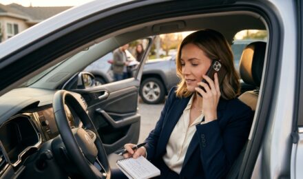 Driver filing an auto insurance claim on a smartphone after a minor car accident