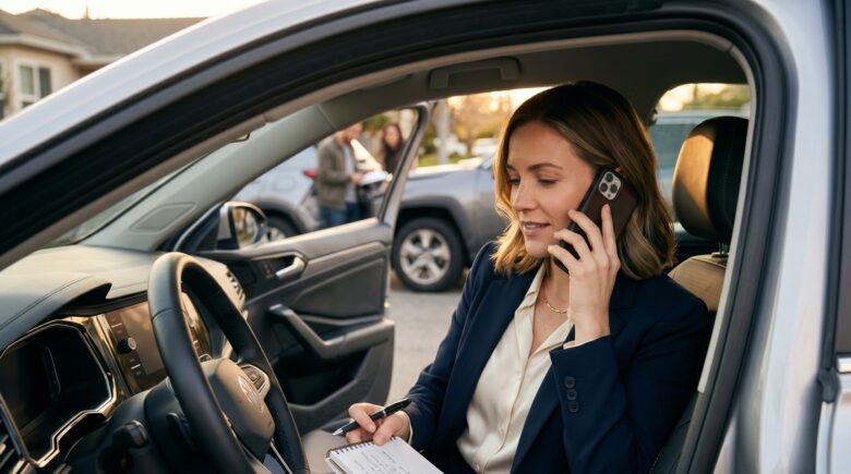 Driver filing an auto insurance claim on a smartphone after a minor car accident